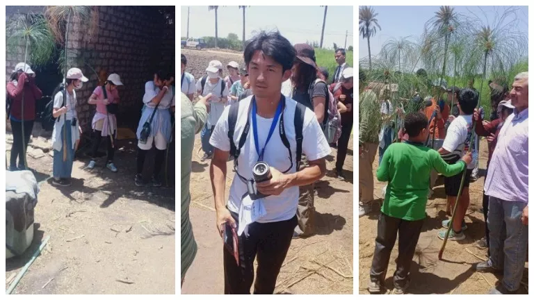 طلبة يابانيون يزورون قرية بالشرقية للتعرف على سر صناعة البردي -صور