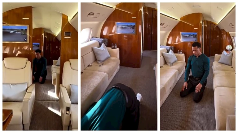 محمد رمضان يشارك الجمهور فيديو وهو يصلي داخل طائرته الخاصة