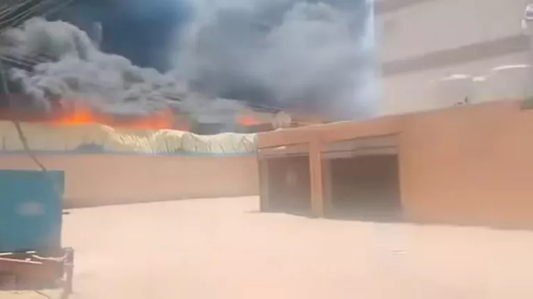 الدخان يغطي السماء.. حريق هائل يلتهم مخزنًا في البدرشين | صور