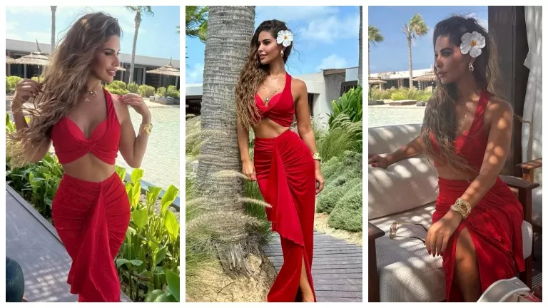 بفستان أحمر جريء.. مي سليم تستمتع بآخر أيام الصيفية