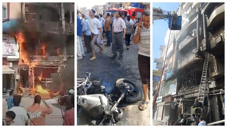 بالأسماء. نقل 10 مصابين في حريق محل المأكولات بالمنوفية (صور)