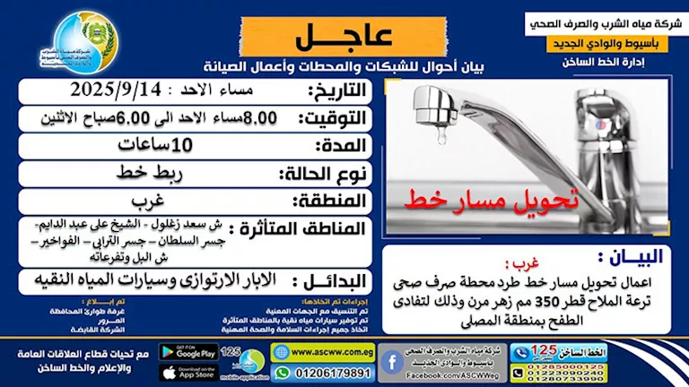 لمدة 10 ساعات.. قطع المياه عن مناطق بغرب أسيوط مساء اليوم