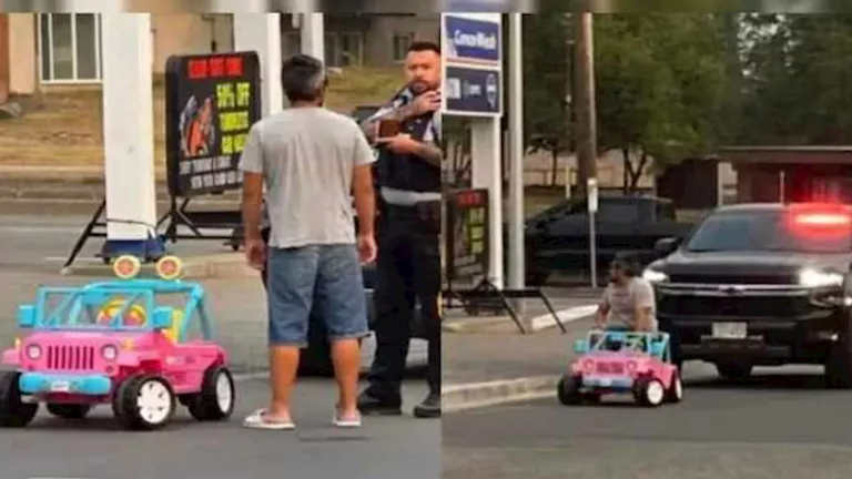 رجل يقود “سيارة أطفال لعبة” في شارع مزدحم.. هذا ما حدث له (فيديو)