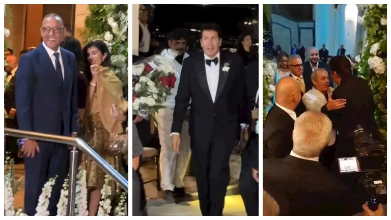 بالصور.. هاني رمزي يستقبل ضيوفه من نجوم الفن في حفل زفاف نجله شادي